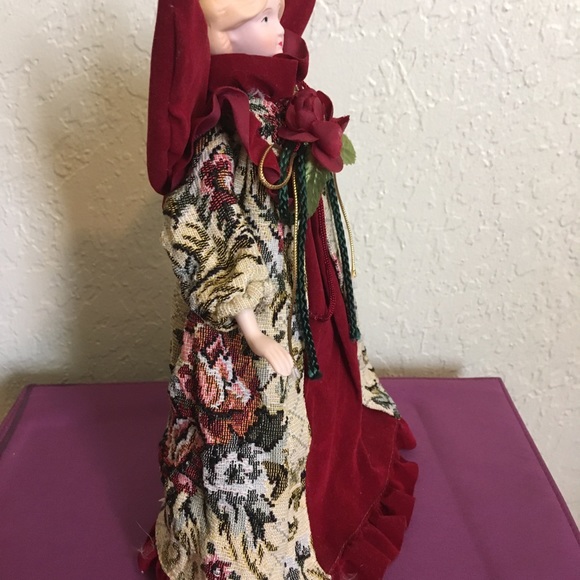Christmas Tree Topper/Table Porcelain Angel Burgundy Tapestry Velvet Dress 11” - Picture 3 of 9